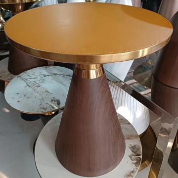 Brown Leather Round Coffee Table with Metal Frame and Fridge Side Table