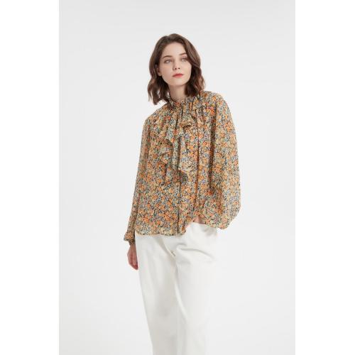 Floral Print Ruffle Stand Collar Shirt Leisure blouse