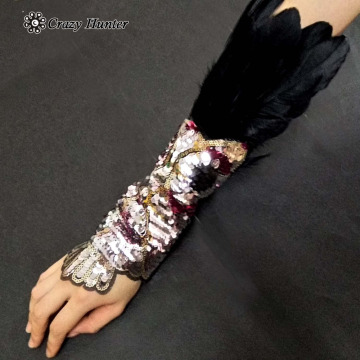 Feather Sequins Cosplay Custome Womens Arm gloves Steampunk Wrist Cuff