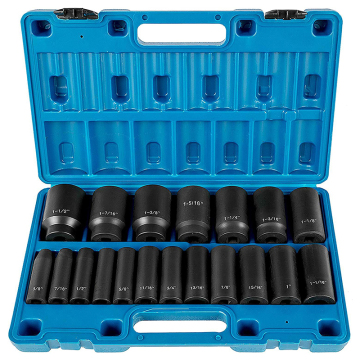 19-Pieces 1/2 inch SAE 3/8-1-1/2 inch Impact Sockets 6-Point Deep/Short Cr-V Steel