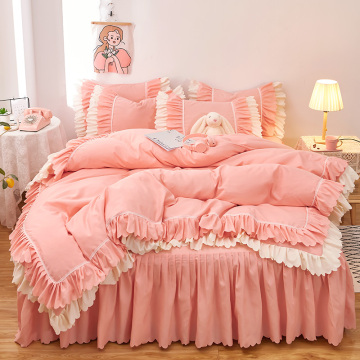Korean Princess Style Solid Color Ruffle Duvet Cover Set for Girls' Bedrooms