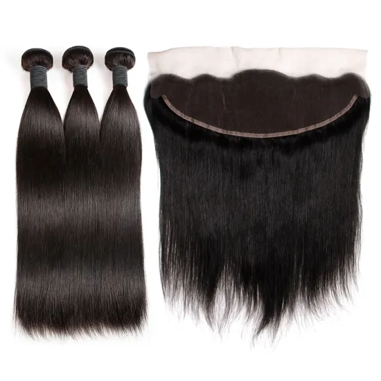 China Factory Supply Unprocessed 100% Cheap Hot Sale Wholesale Virgin Human Hair 3 Bundles with Lace Frontal in Straight Texture