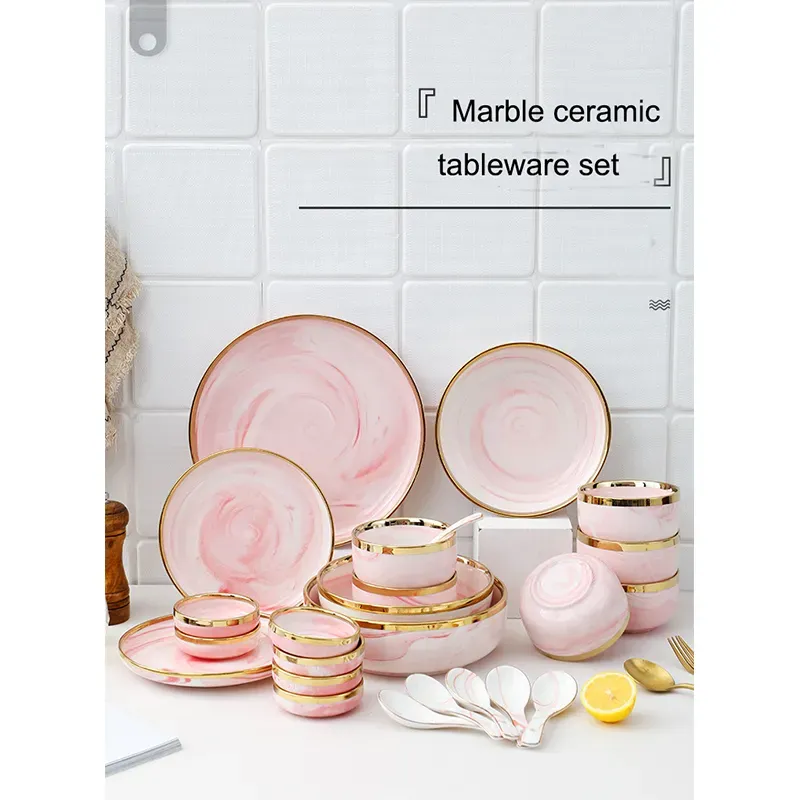 Luxury Marble Pink Glaze Ceramic Charger Plates with Gold Edge