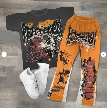 2024 Custom Men's Print Graphic Short Sleeve & Flare Sweat Pants Set - Hip Hop Streetwear