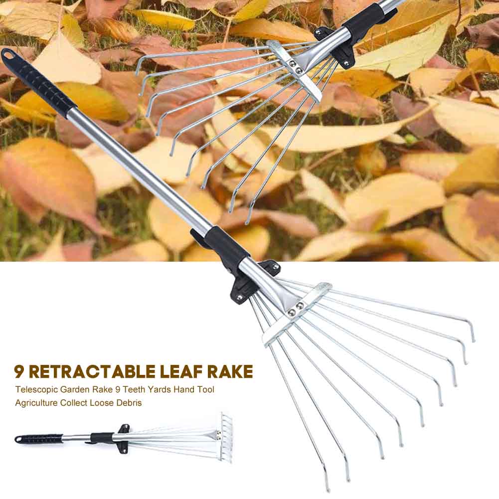 Collect Loose Debris Stainless Steel Lightweight Expandable Garden Rake Yards Portable Leaf Brush Lawns Telescopic 9 Teeth