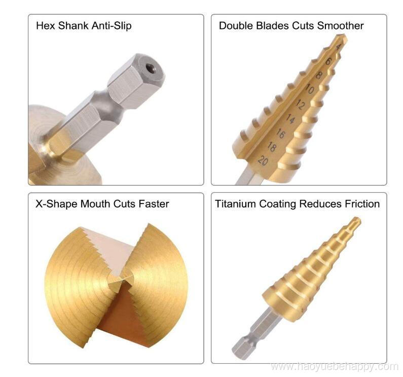 Straight Flutes Titanium Step Drill Bits Set