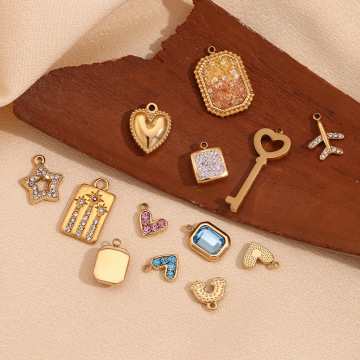 Shining Zircon Charm Heart Rainbow Key Gold Plated Stainless Steel Charms Set