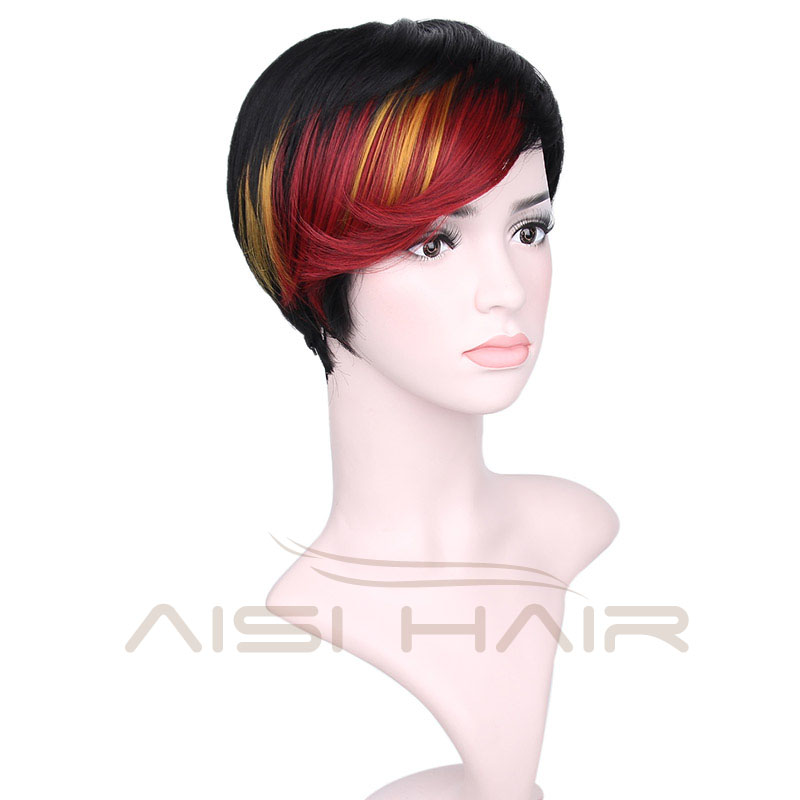 Short Pixie Cut Hair Wig High Temperature Synthetic Straight Wigs with Ombre Red Bangs For Women
