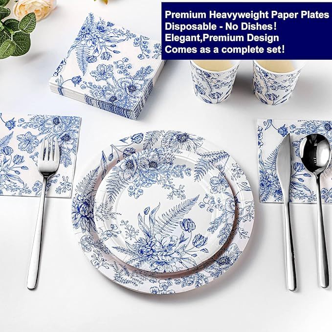 250 - piece Blue Disposable Plates and Napkins Set with Floral Pattern