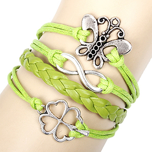 Metal Butterfly lucky four-leaf clover infinity bracelet green woven wax cord bracelet antique silver plated leather bracelets