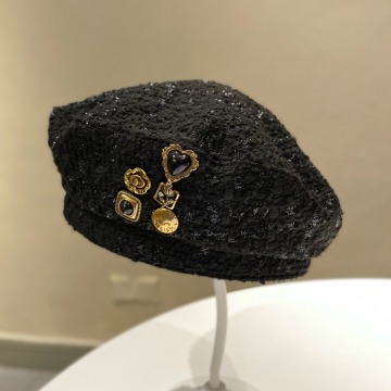 Wholesale Black Vintage Diamond Octagonal Beret Hat for Women