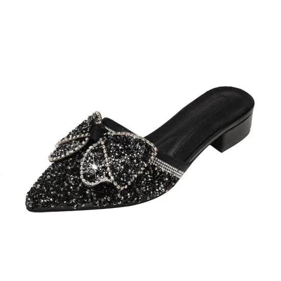 Summer 2024 Women's and Ladies' Mule Shoes: Large Sizes, Pointed Mid Heels, Bowknot Sequin Beach Slippers