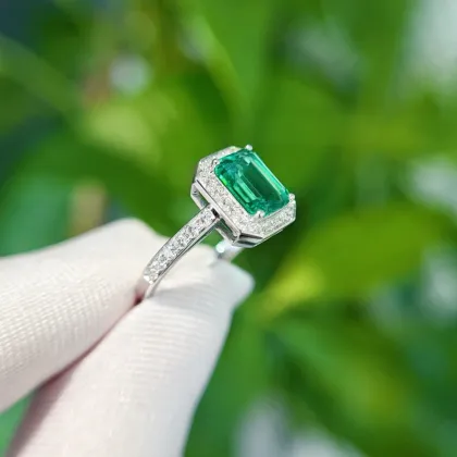 Bespoke Platinum Lab Emerald Halo Engagement Ring