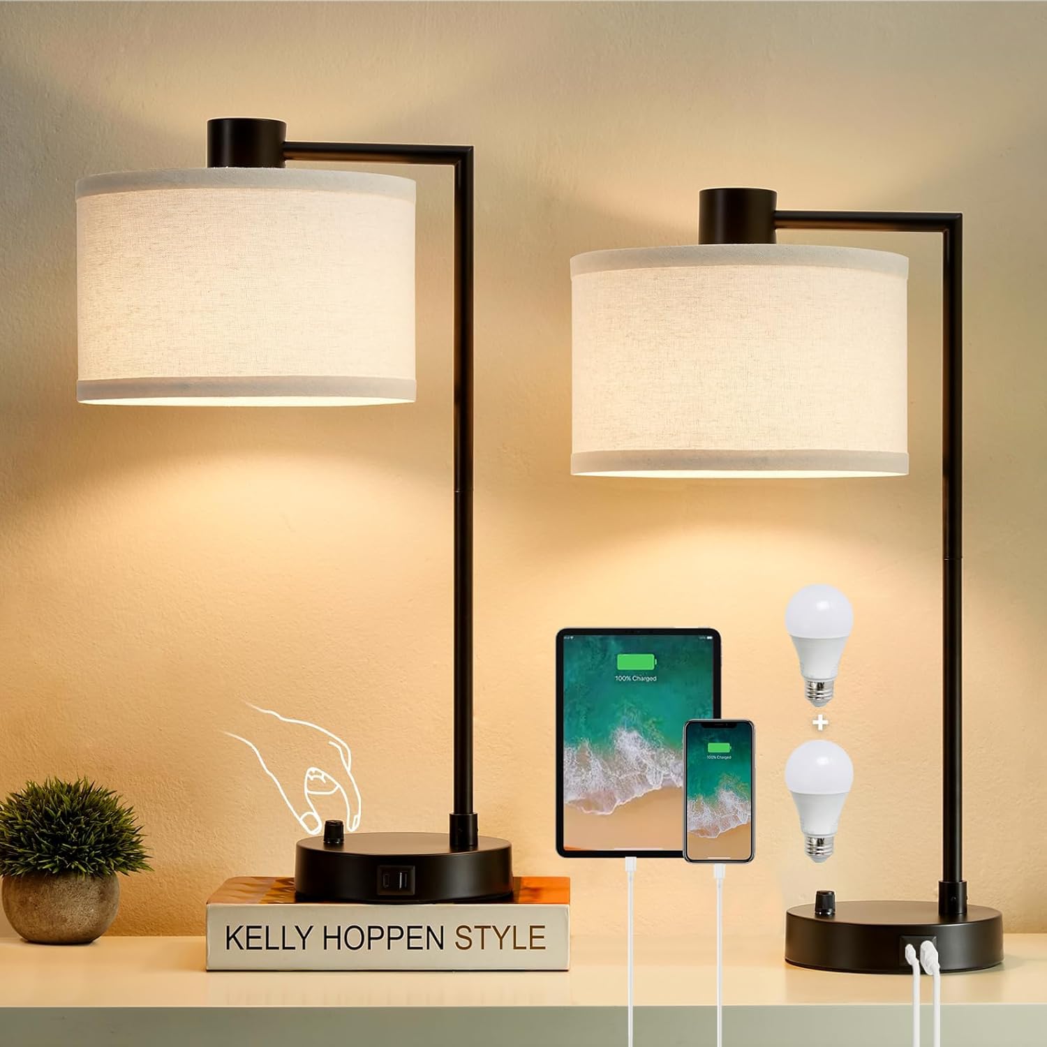 Dual-Port Dimmable Living Room Table Lamp LED Included (7)