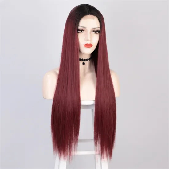 Vigorous High Temperature Ombre Red Lace Middle Part Wigs Long Silky Straight Wigs For White Women Wholesale