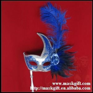 Wholesale Ostrich feathered Blue and silver masquerade mask on stick (B005S)