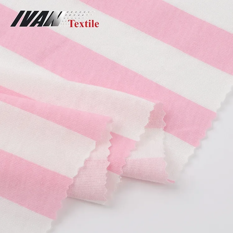 ถักรงควัตถุลายแถบสีขาวสีชมพูเจอร์ซีย์ถักผ้าโพลีเอสเตอร์วิสโคส