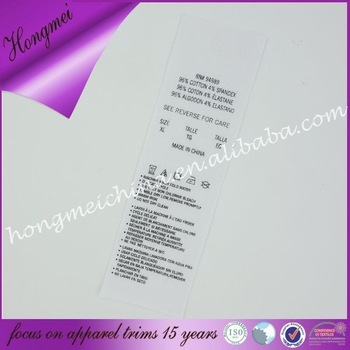 clothing care label with 100% cotton fabric