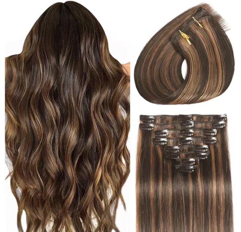 Body wave clip-ins Balayage Dark Brown Human Hair 16 Inch 90g for women