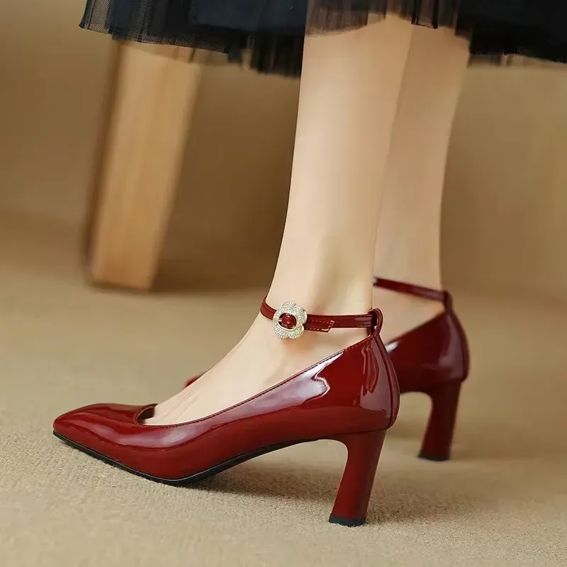 Women's High Heel Pumps with Ankle Buckle and Chunky Block Heel
