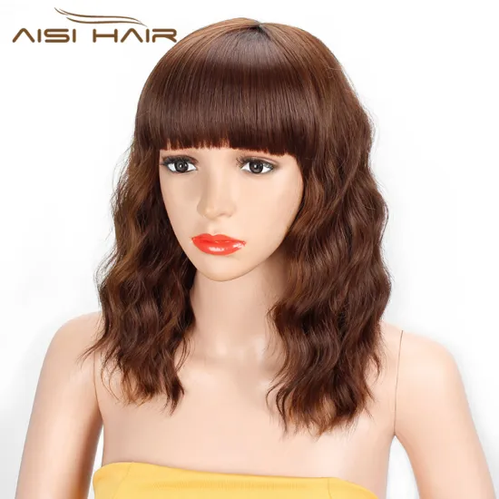 Aisi Hair Wholesale Top Quality Short Bob Brown Wig With Neat Bangs Synthetic Short Curly Wave Wigs For Black Women