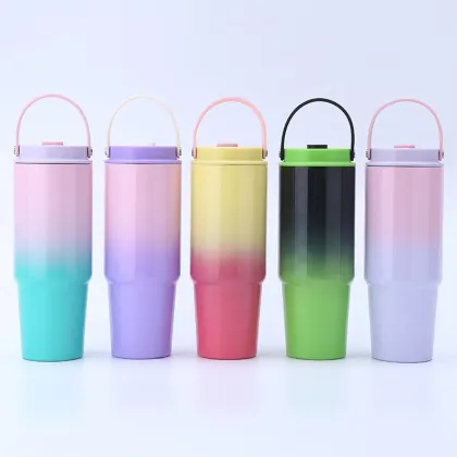Gradient Stainless Steel Thermos Cup with Handle and Straw for Home & Travel