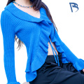 Sweater Ruffled Biru Tentera Laut Elegant untuk Wanita
