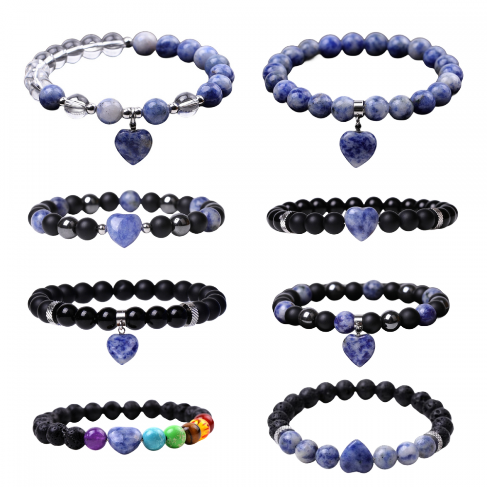 8pc A Set Gemstone Round Perles avec Bracelet de cœur Charka Guérison Crystal perles Stretch Bracelet pour femmes hommes