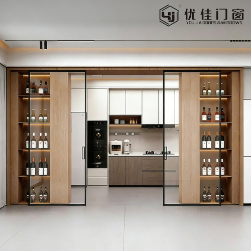 Puerta corrediza para almacenamiento de vino con marco negro