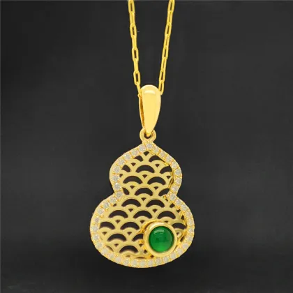 18K Gold Hollow Calabash Diamond Jadeite Jade Pendant