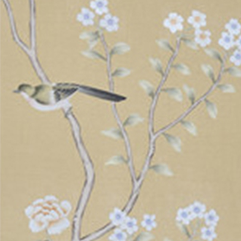 Flower and bird Orange-yellow hand-painted wallpaper