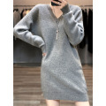 Korean version V-neck simple wool dress