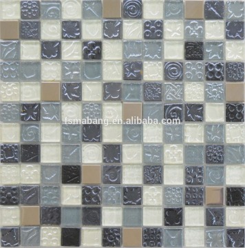 MBD2001 23*23mm square stainless steel mixed pattern glass mosaic tile