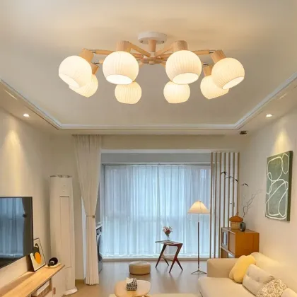 Japanese Wooden Chandelier E27 Glass Pendant Lighting for Restaurant Bedroom