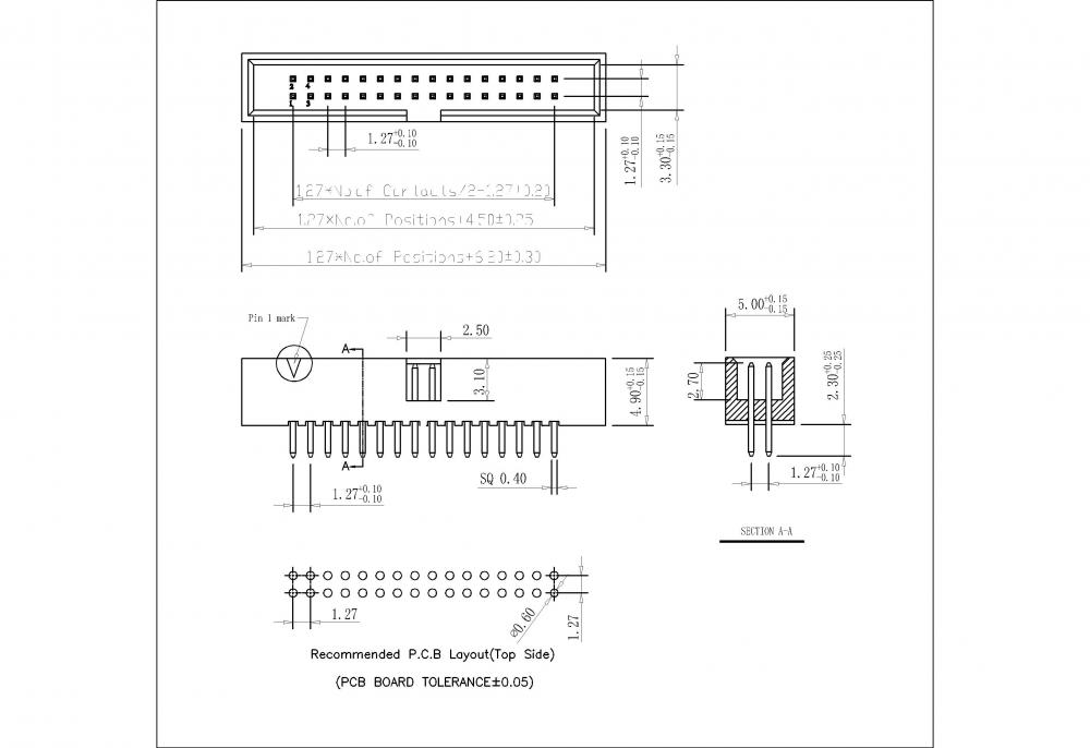 1,27 mm (.050 &quot;) Pitch Dual Fil Box Header 180 ° H = 4.90