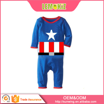 Captain America Printed Pattern Blue Round Neck Baby Rompers
