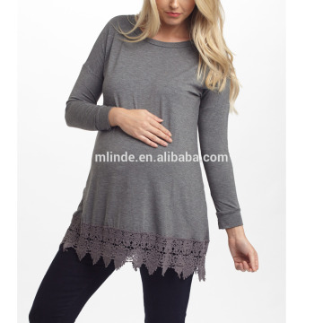 Women Fahion Charcoal Crochet-Trim Maternity Crewneck Tunic Tops Long Sleeve Blouses