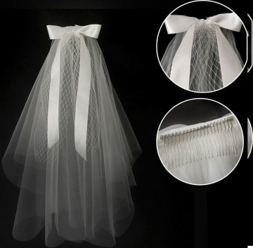 Simple White Two-Layer Tulle Wedding Veil with Ribbon Bowtie and Comb