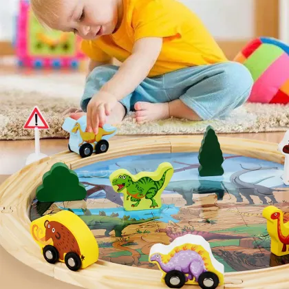 Montessori-Inspired Jurassic World Dinosaur Wooden Race Track Train Railway Toy for Early Childhood Education