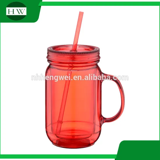 plastic double wall mason jar mug with lid and straw