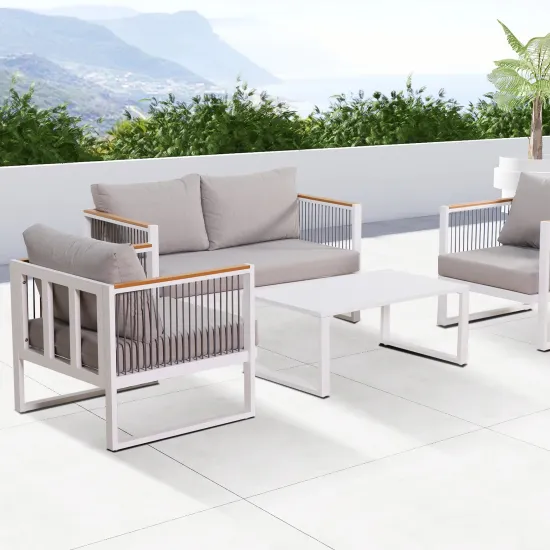 Modern Teak Wood Armrest Outdoor Sofa Set - Contemporary Metal Outdoor Furniture