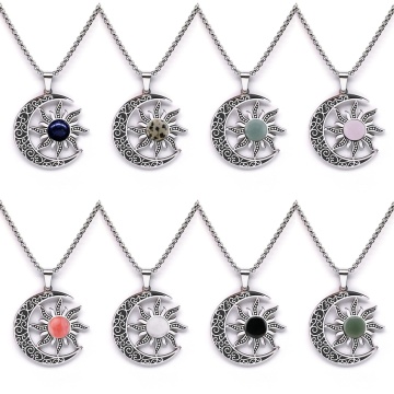 Gemstone Moon Pendant Necklace Crystal Stone Moon Sun Pendant Choker Stainless Steel Moon & Sun Pendant Necklace with 60CM Chain