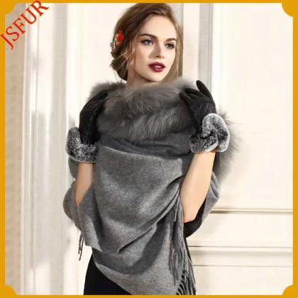 Genuine Dyed Raccoon Fur Hood Shawl Knitted Lady Shawl