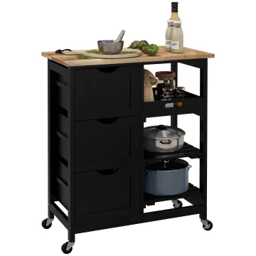 Modern Kitchen Island with Wheels, Drawers, Shelves, and Storage - Black Kitchen Cabinet Cart