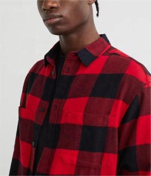 Custom Long Sleeve Red and Black Plaid Flannel Shirt for Men: 100% Cotton Twill Check Shirt by Longna Factory