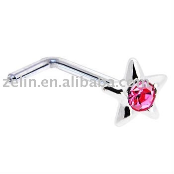 Sterling Silver Pink Gem Star L-Shaped Nose Ring