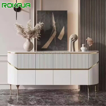 Modern White Dining Sideboard with Stone Top for Living Room and Kitchen Storage