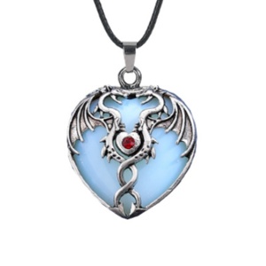 Opalite Heart Antique Silver Double Dragon Stone Pendant (32x42mm) Necklace 45cm Black Cord