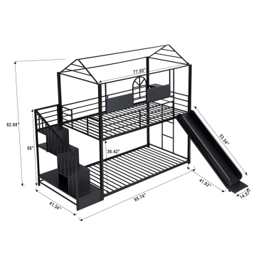 Twin Over Twin Metal Bunk Bed with Slide and Storage Stairs