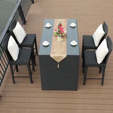 High Table and Chairs Set: Outdoor Rattan Wicker Bar Stools and Table